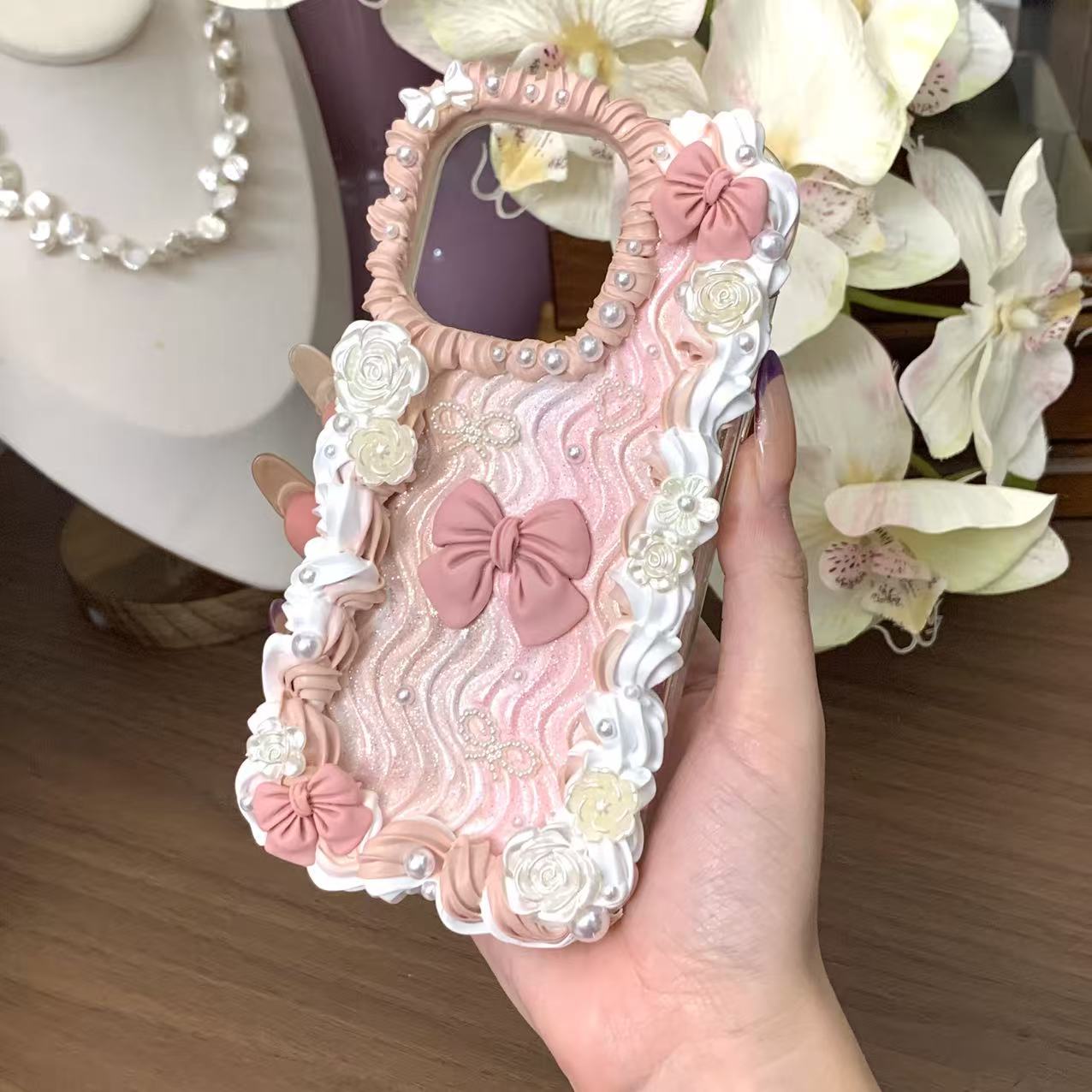 【Pink Baroque Bow】Phone Case Cream Glue Figurine Decoden DIY Compatible with all phone models