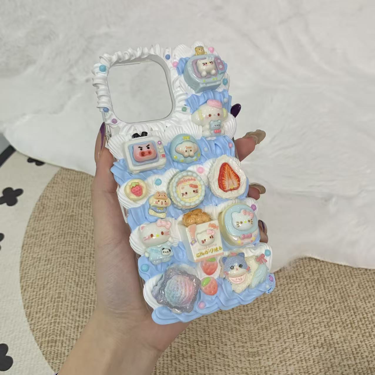 【Blue Vanilla Kitty】 Phone Case Cream Glue Figurine Decoden DIY Compatible with all phone models