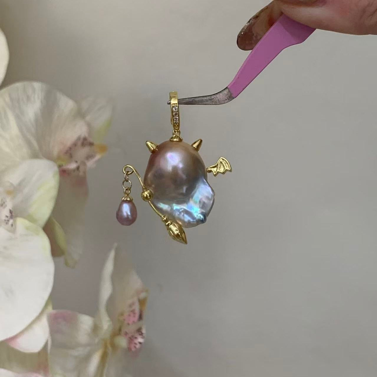 【Pearlish】Little Devil · Handcrafted Jewelry Featuring Pure Natural Freshwater Baroque Pearls, Set in S925 Sterling Silver. A Niche Handmade Artistic Collectible, an Excellent Gift Choice.