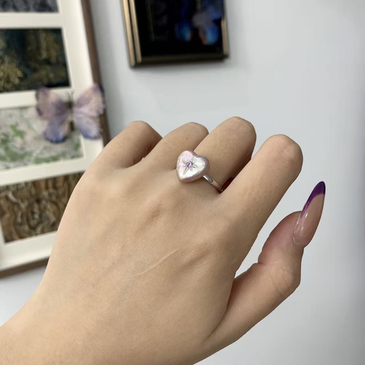 【Pearlish】Artisanal Hexagram Pearl Ring · Hand-carved Natural Freshwater Pearl Ring in Sterling Silver