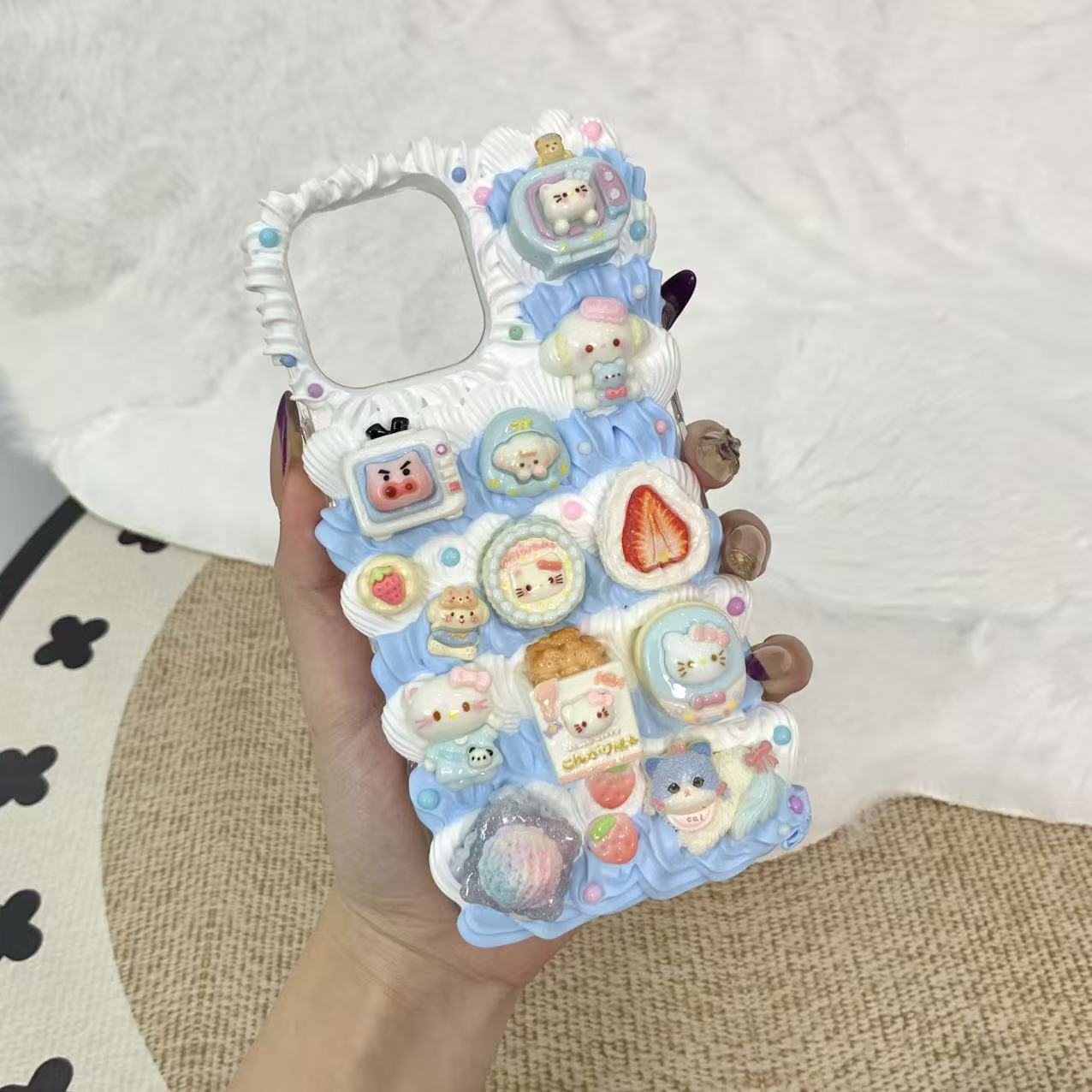 【Blue Vanilla Kitty】 Phone Case Cream Glue Figurine Decoden DIY Compatible with all phone models